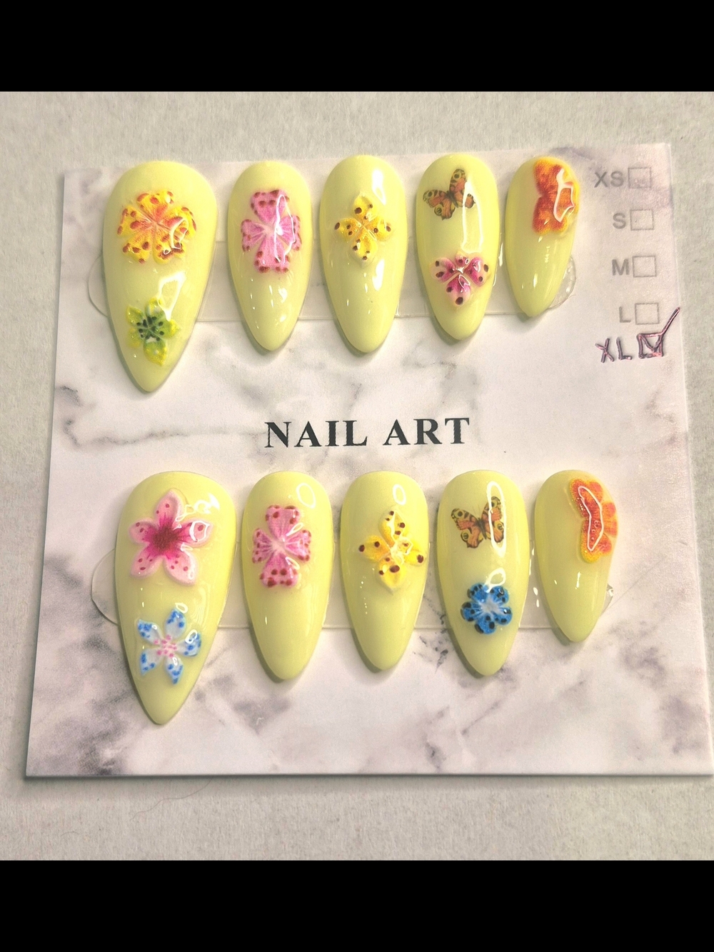 Yellow Stiletto Press-On Nails with 3D Floral Butterfly Accents
